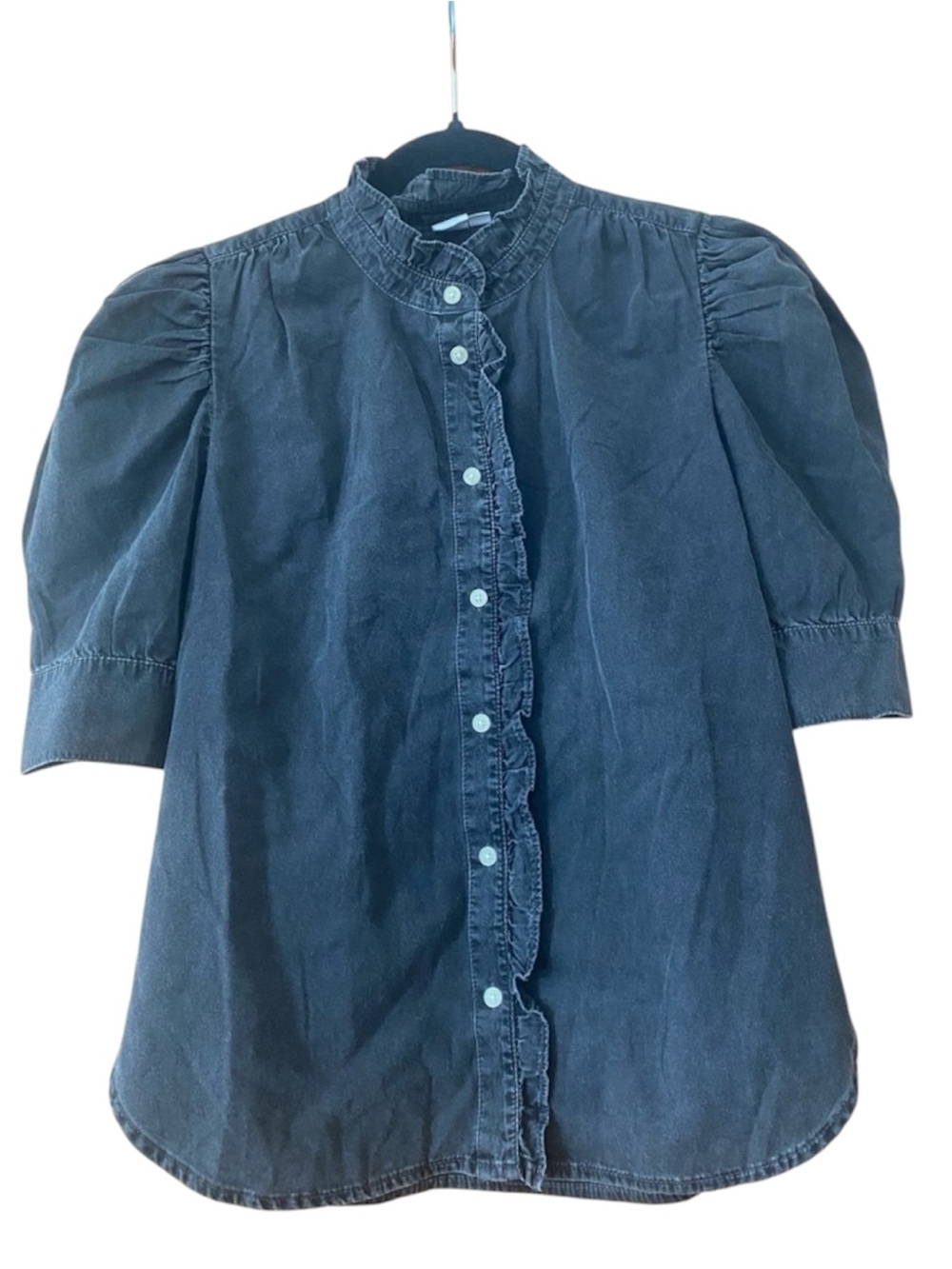 GAP Washed Black Chambray Ruffle Puff Sleeve Button Front Blouse S